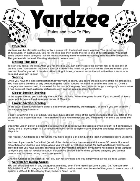 Free Printable Yard Yahtzee Rules